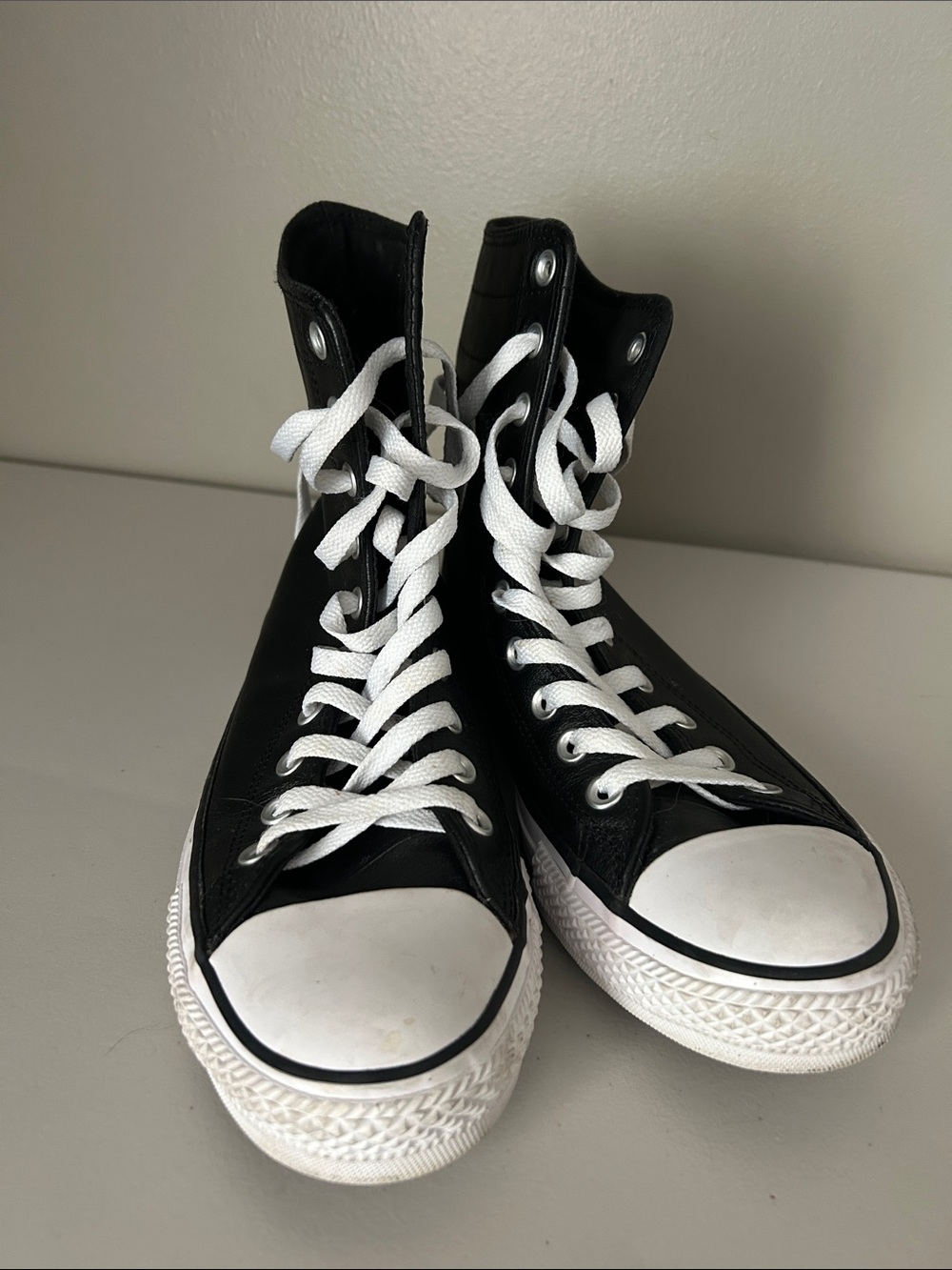 Converse Black Leather XHigh Top Sneakers with White Laces
